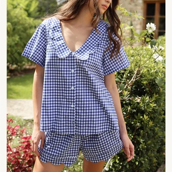 Piyama Penelope Sleep set - Blue Gingham Button-Up Top and Shorts Set - Picture 2 of 5